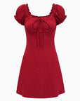 Robe rouge à col carré pour femme - Jupe à manches bouffantes et taille nouée (50 % viscose, 35 % nylon, 15 % élasthanne) Style européen et américain
