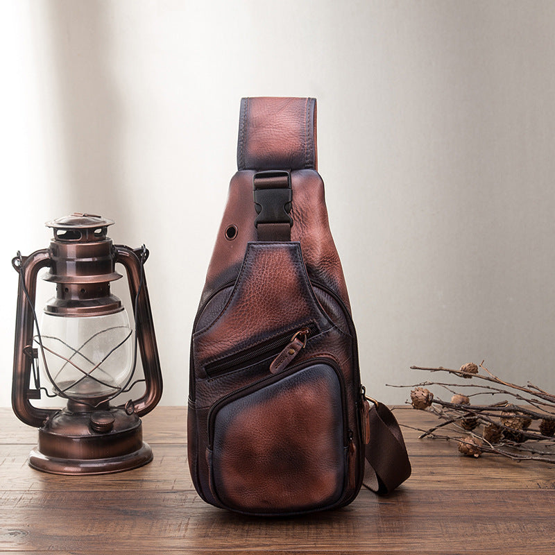 Men’s Genuine Cowhide Leather Chest Bag – Simple Retro Crossbody Satchel