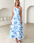 Robe longue à volants et imprimé floral pour femme (rose/violet/bleu) – Robe de soirée sexy sans manches en polyester