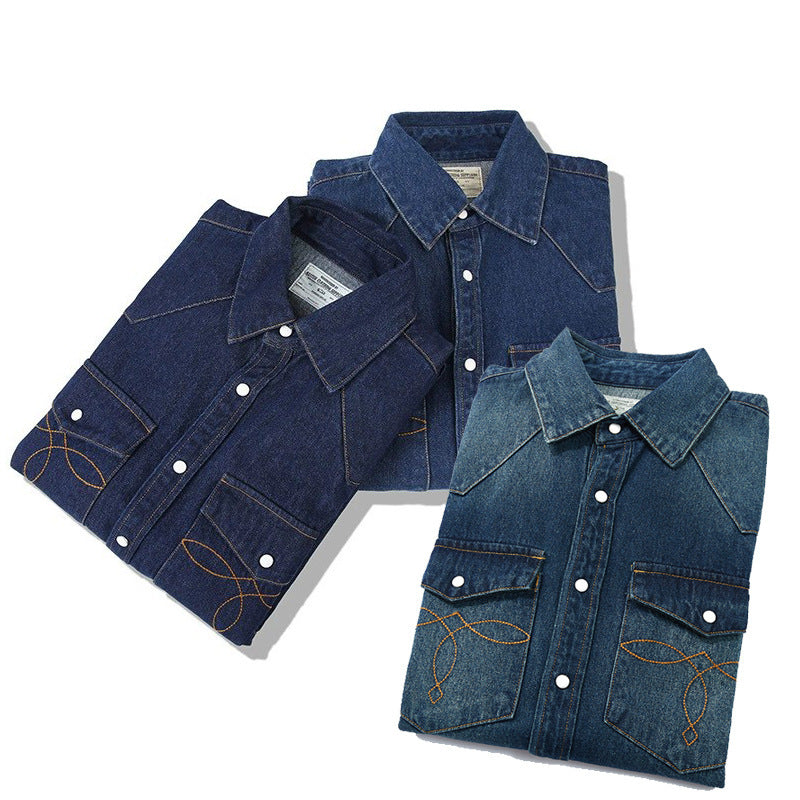 🌼👔 Jeanshemd mit Blumenmuster – Vintage-gewaschene Baumwolle
