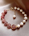 Women Natural Pearl Heart Bracelet – Adjustable Elastic Strawberry Crystal Beaded Bracelet