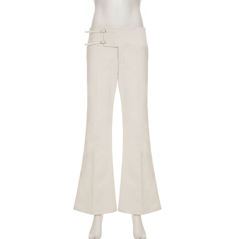 Women’s Loose Straight Pants – Metal Buckle Hip-Hugger