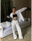 Women's Loose Fit White Shirt - Flip Collar Long Sleeve Blouse (XS-L) - Cotton-Polyester Blend Relaxed Top for Work & Casual
