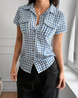 Women’s Hot Girl Plaid Short Sleeve Button Shirt – Slim Fit Knitted Top