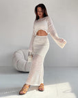 Women’s Hollow-Out Knitted Suit Skirt Set – Long-Sleeve Net Woven Two-Piece Outfit
