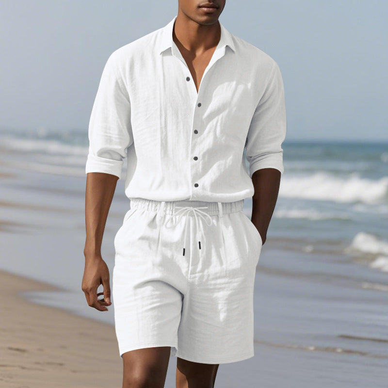 🌴 Men's Linen Beach Suit Set – Long Sleeve Shirt & Casual Shorts (6 Colors) – Breathable Summer Style
