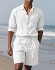 🌴 Men's Linen Beach Suit Set – Long Sleeve Shirt & Casual Shorts (6 Colors) – Breathable Summer Style