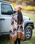 Women’s Ethnic Vintage Print Shawl – Double-Sided Tassel Artistic Cloak