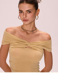 Women’s Off-Shoulder T-Shirt - Slim Fit Lyocell Blend Top (Yellow, Long/Short Sleeve Options, Spring Casual Wear)