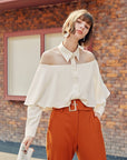 Women’s Halterneck Off-Shoulder Top - Ruffled Summer Blouse (Apricot, Polyester, Simple & Stylish)