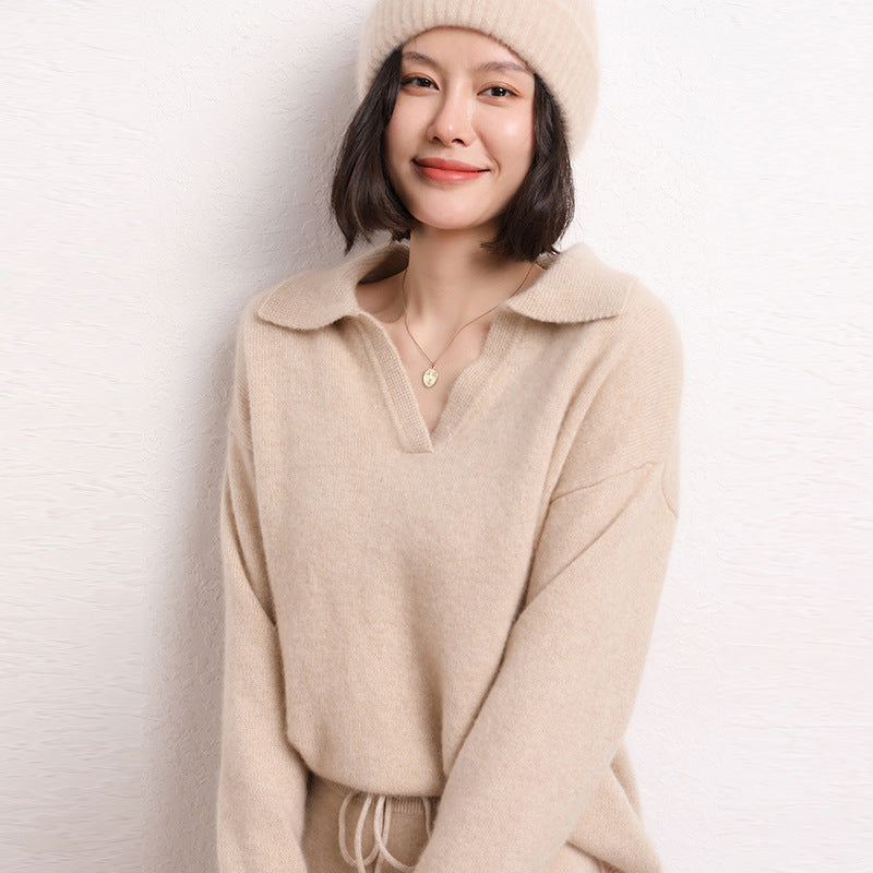 Pull col polo en cachemire pour femme – Coupe courte et ample (taille unique, longueur 50 cm)