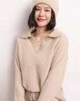 👚 Women’s Cashmere Polo Neck Sweater – Short & Loosely Fitted (Free Size, 50cm Length)