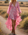 🌸 Women’s V-Neck Irregular Hem Floral Dress – Long Sleeve Fairy Style