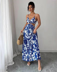 🌊 Sapphire Siren: Halterneck Maxi Dress with Floral Allure