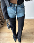 Women’s Contrast Patchwork Straight Leg Jeans - Blue & Black Denim Pants (S-XL)