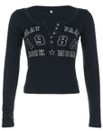 Women’s Slim Fit Long Sleeve T-Shirt - Number Print Knitted Polyester Top (Dark Blue/Black/Brown) Layering Essential