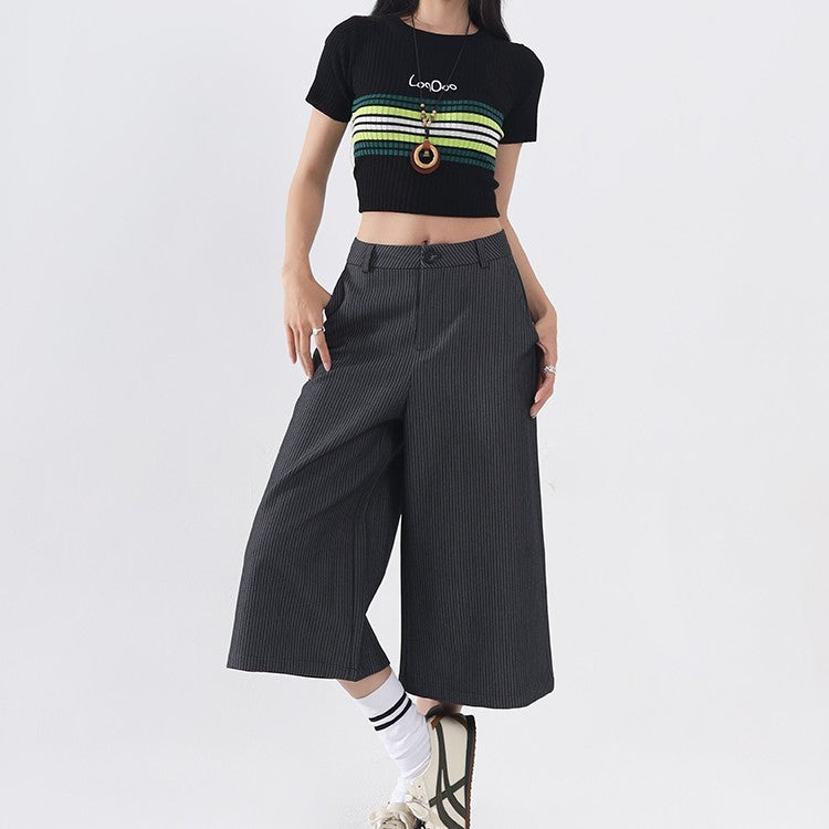 Women’s Straight Leg Striped Pants - High-Waisted Polyester Trousers (Black/Gray, 96% Polyester) Office & Casual Wear