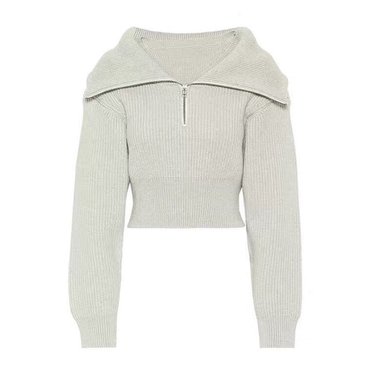 Women’s Large-Collar Lapel Short Knit Sweater – Slim-Fit Soft Texture Chic Style