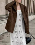 Women’s Faux Suede Suit Jacket – Retro Art Style with Modern Comfort