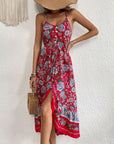 👗 Women’s Printed Sling Dress – Wine Red Asymmetric Vacation Style