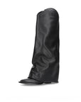 Women’s Pointed Toe Pile Style High Boots – Wedge Heel with Belt Buckle Detail