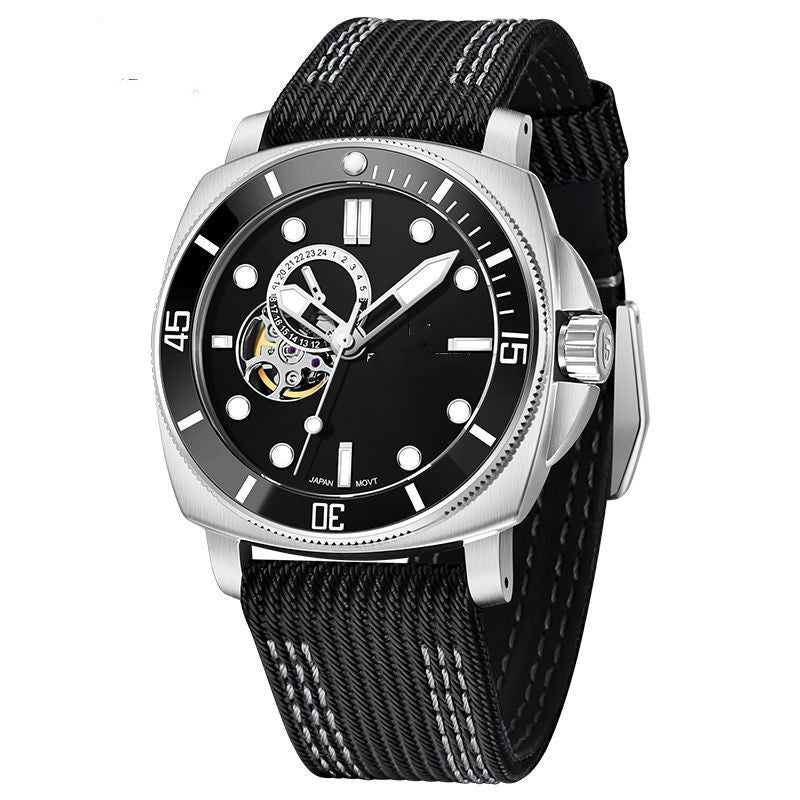 Sports Automatic Mechanical Watch – Luminous Night Display | 20M Waterproof | Nylon-Leather Strap