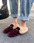 Women’s Rabbit Fur Slippers – Suede Flat Mules with Metal Detail