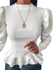 Women's Ruffle Detail Knit T-Shirt - Solid Color Long Sleeve Casual Top (Polyester Blend) - Urban Leisure Style