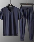 Ensemble de sport en soie glacée pour homme : t-shirt à manches courtes et col en V, pantalon (bleu foncé/kaki/vert), mélange de nylon respirant, grande taille