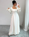 Women’s Advanced Solid Color Long Sleeve Dress – Elegant Bell Sleeve Design