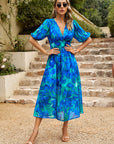 Women’s Elegant Floral V-Neck Summer Dress – Waist Tie Chic Bohemian Style
