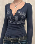 Women’s Slim Fit Long Sleeve T-Shirt - Number Print Knitted Polyester Top (Dark Blue/Black/Brown) Layering Essential