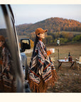 Women’s Ethnic Vintage Print Shawl – Double-Sided Tassel Artistic Cloak