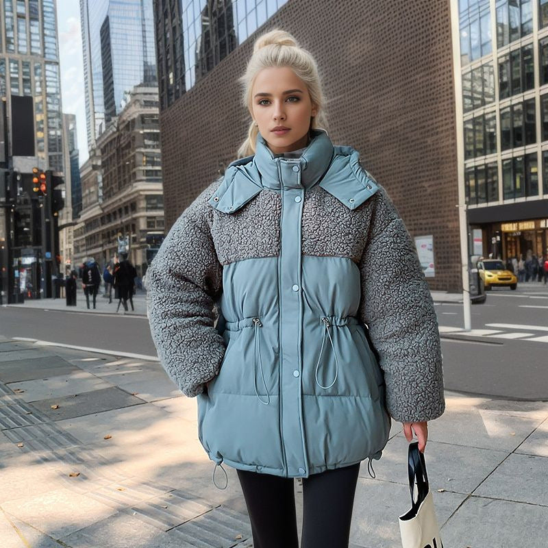 Women’s Cotton-Padded Lamb Wool Coat – Drawstring Waist Thickened Winter Jacket