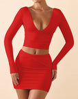 Women's Sexy V-neck Backless Long-sleeved Top Fashionable Dress Set