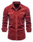 Men’s Corduroy Long Sleeve Slim Fit Shirt – Ribbed Cotton Lapel Collar Business Casual Button-Down Top