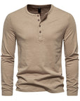 Winter New Long Sleeve T-shirt Men's Bamboo Cotton Solid Color Four Button Henry Collar Long Sleeve T-shirt Men