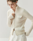 Women 100% Cashmere Knitted Cardigan – Korean Style Slim Fit Half Turtleneck Zip-Up Sweater