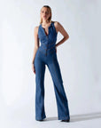Women’s Heart-Shaped Backless Denim Jumpsuit – Halter Neck, High-Waist Zip-Up Slim Retro One-Piece