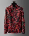 Men’s Digital Printed Striped Shirt – Slim Fit Long Sleeve (White/Red, Polyester)