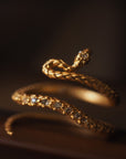 18K Gold Plated Snake Ring – Adjustable Diamond-Studded Statement Jewelry – Vintage Glam