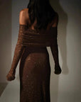 Women’s Sexy Strapless Rhinestone Dress – Luxury Long-Sleeve Slim-Fit Socialite Gown