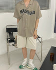 Men's Hong Kong Style Shirt - Korean Loose Fit Summer Top (Apricot Gray) - Breathable Cotton Casual Printed Shirt (M-XL)