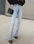 Women's Slim Micro Flare Jeans - High Waisted Cotton Stretch Denim (Black/Dark Blue/Light Blue) Casual & Comfortable