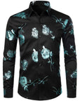 Men Floral Print Long Sleeve Shirt – 3D Digital Printed Stretch Slim Fit Urban Lapel Dress Shirt