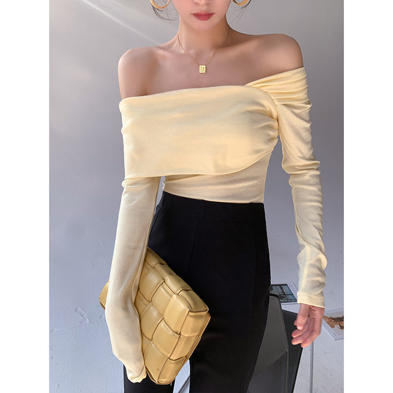 Haut asymétrique à épaules dénudées pour femme - Chemisier à manches longues style coréen (jaune d'œuf bleu, polyester, chic et séduisant)