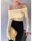 Women's One-Shoulder Off-the-Shoulder Top - Korean Style Long Sleeve Blouse (Blue Goose Egg Yolk, Polyester, Chic & Flirty)