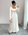 Women’s Advanced Solid Color Long Sleeve Dress – Elegant Bell Sleeve Design