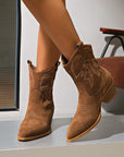 Women’s Short Western Cowboy Boots – Suede Pointed Toe Thick Heel Slip-On Retro Ankle Boots