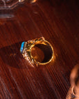 Mid-Century Lab Sapphire Ring – Adjustable Gold-Plated Statement Jewelry – Vintage Ruyi Motif